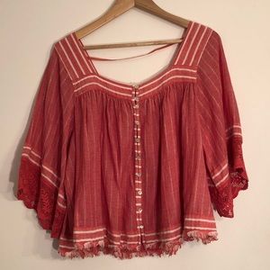 Free People Square Neck Lace Button Down Top SZ L